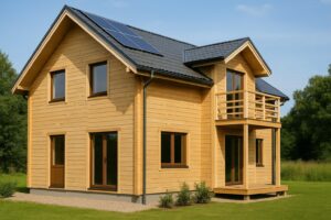 een duurzaam houten huis dat gebouwd is