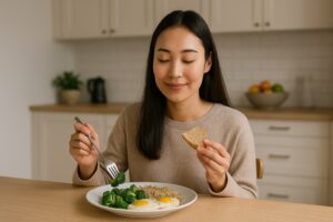 vrouw die glutenvrij eet aan tafel