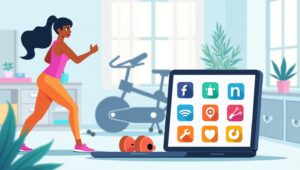 vrouw gebruikt een thuis sport app